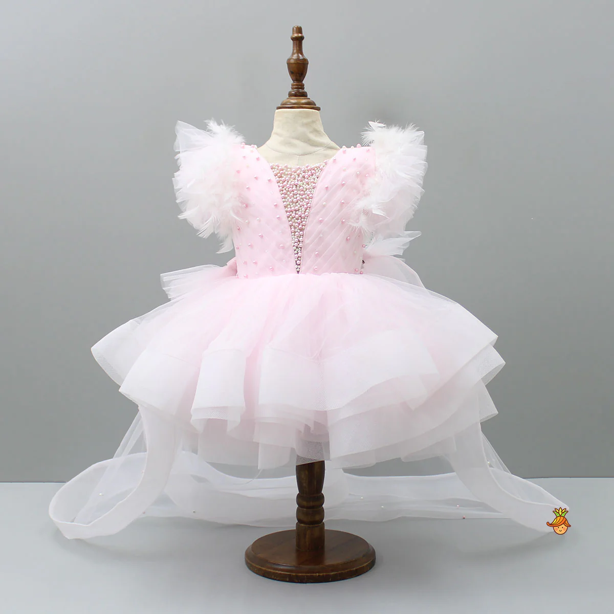 Pleated Yoke Cut-Out Back Pink Dress With Detachable Trail And Matching Headband - Image 3
