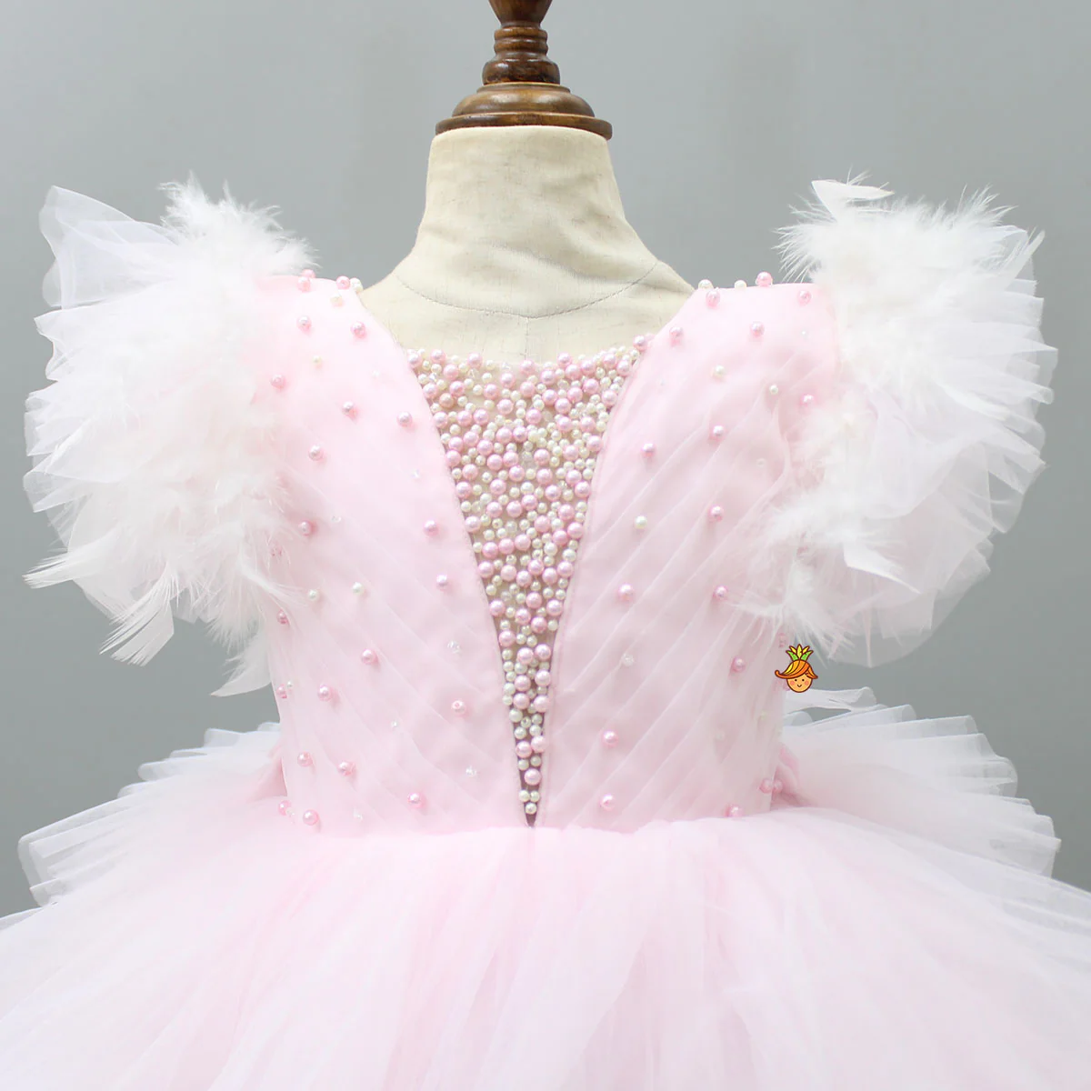 Pleated Yoke Cut-Out Back Pink Dress With Detachable Trail And Matching Headband - Image 6
