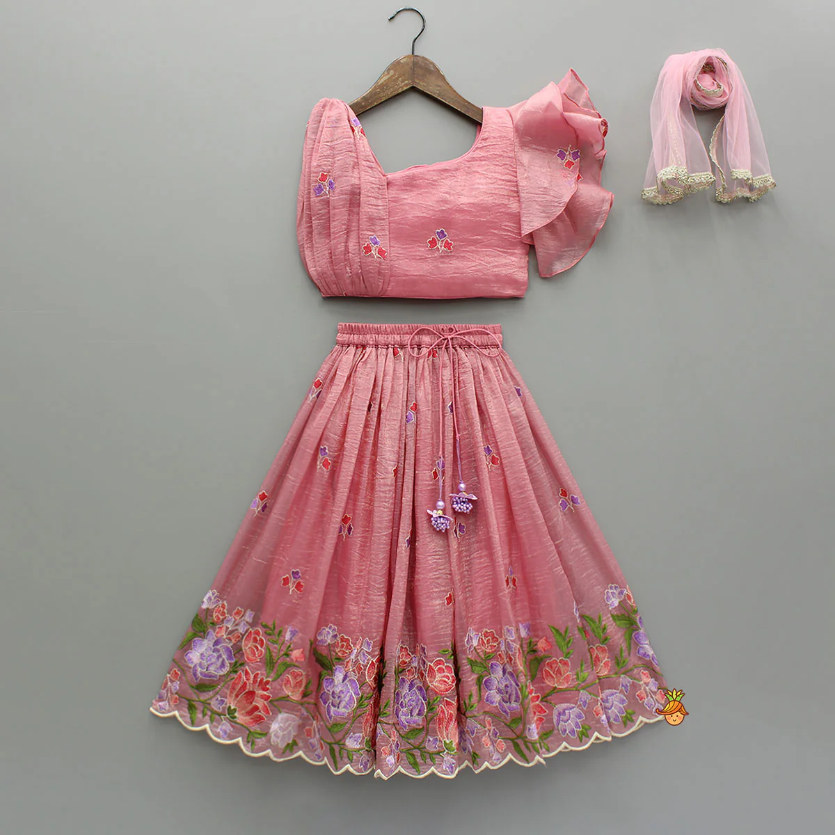 Pink One-Shoulder Pleated Drape Top With Floral Embroidered Lehenga And Net Dupatta
