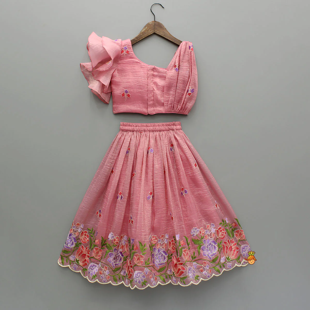 Pink One-Shoulder Pleated Drape Top With Floral Embroidered Lehenga And Net Dupatta - Image 2