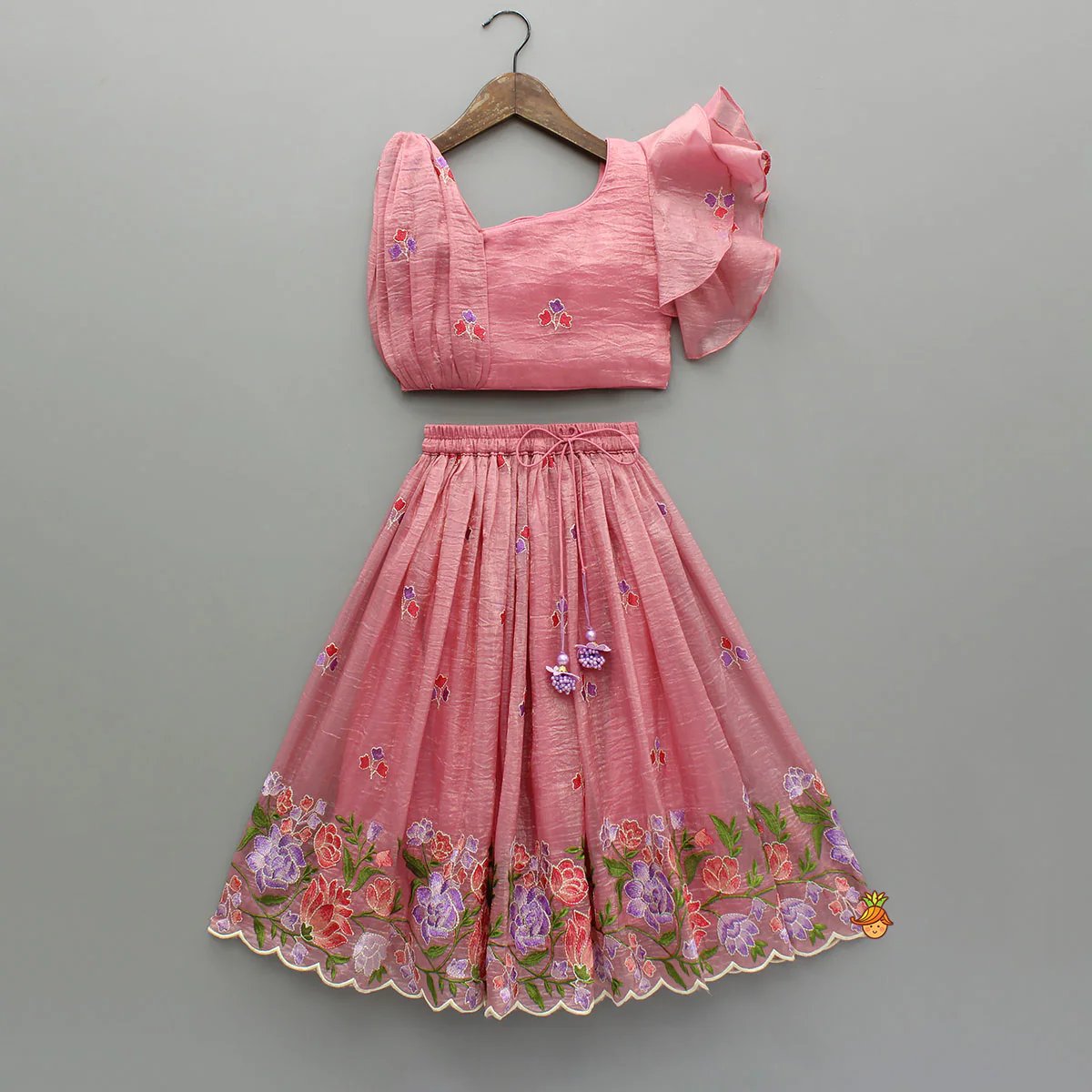 Pink One-Shoulder Pleated Drape Top With Floral Embroidered Lehenga And Net Dupatta - Image 3