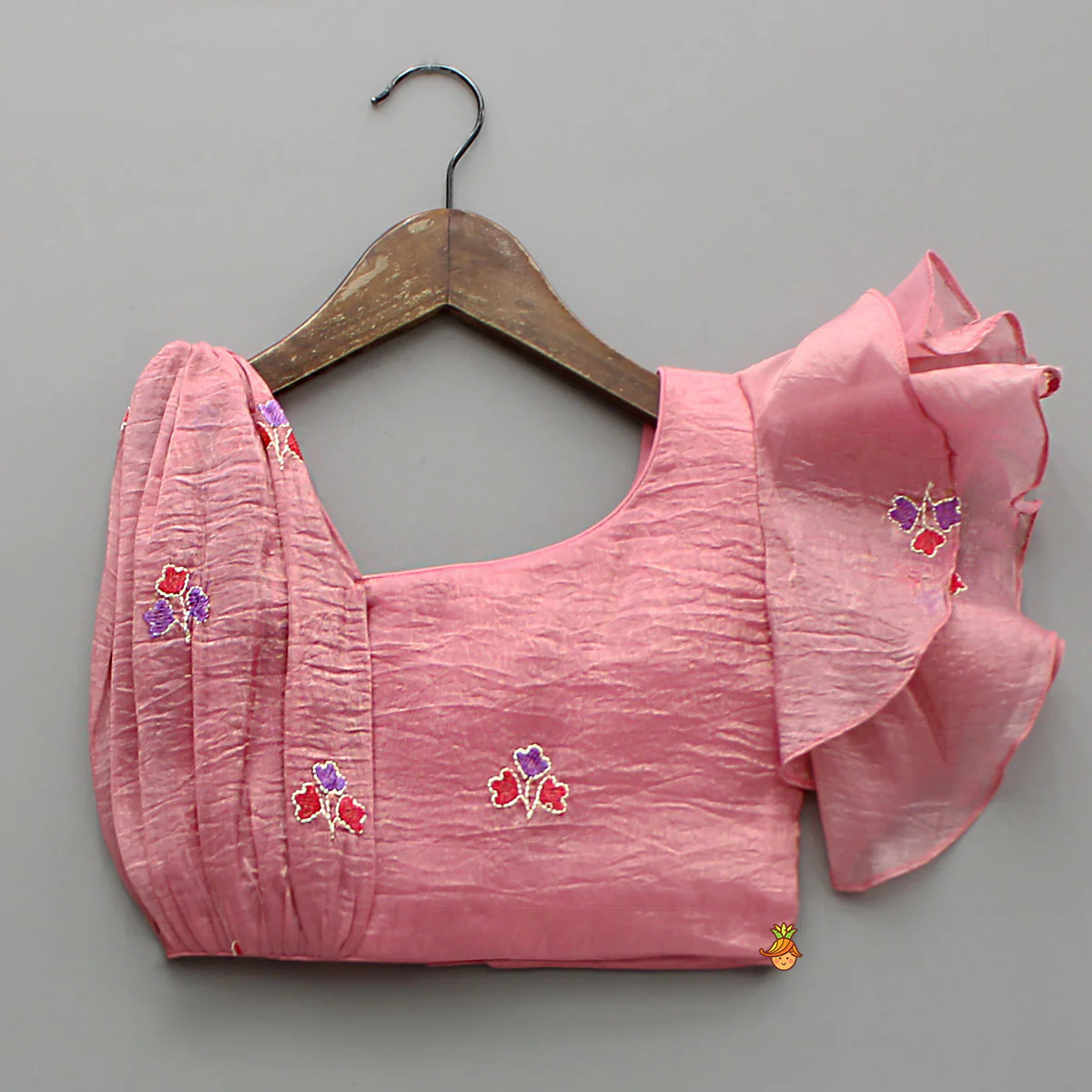 Pink One-Shoulder Pleated Drape Top With Floral Embroidered Lehenga And Net Dupatta - Image 4