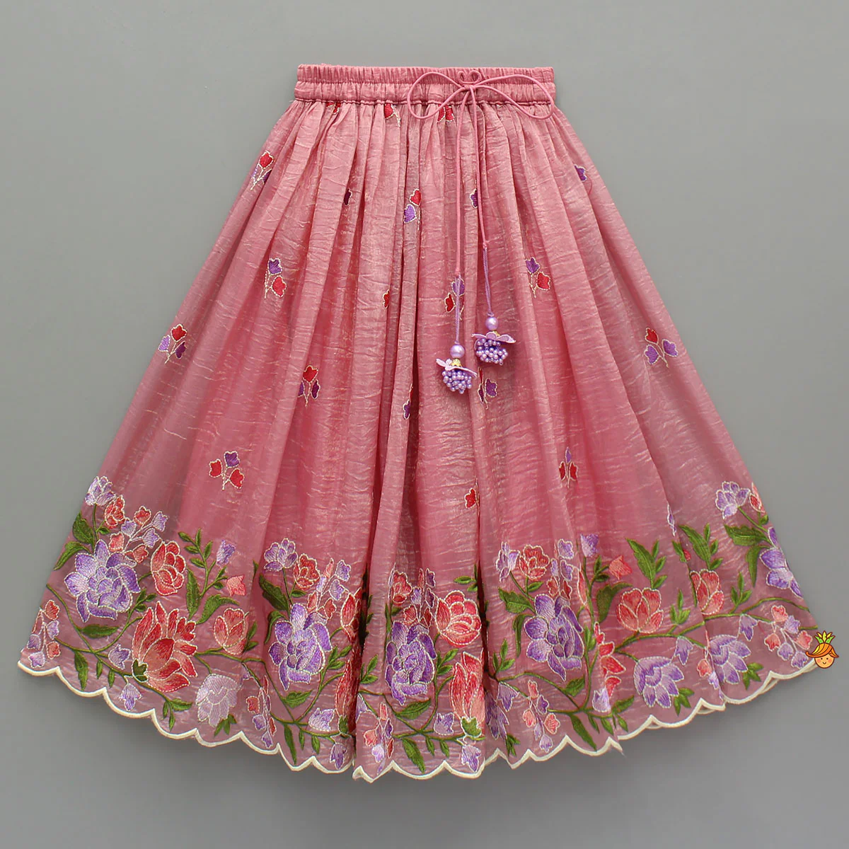 Pink One-Shoulder Pleated Drape Top With Floral Embroidered Lehenga And Net Dupatta - Image 5