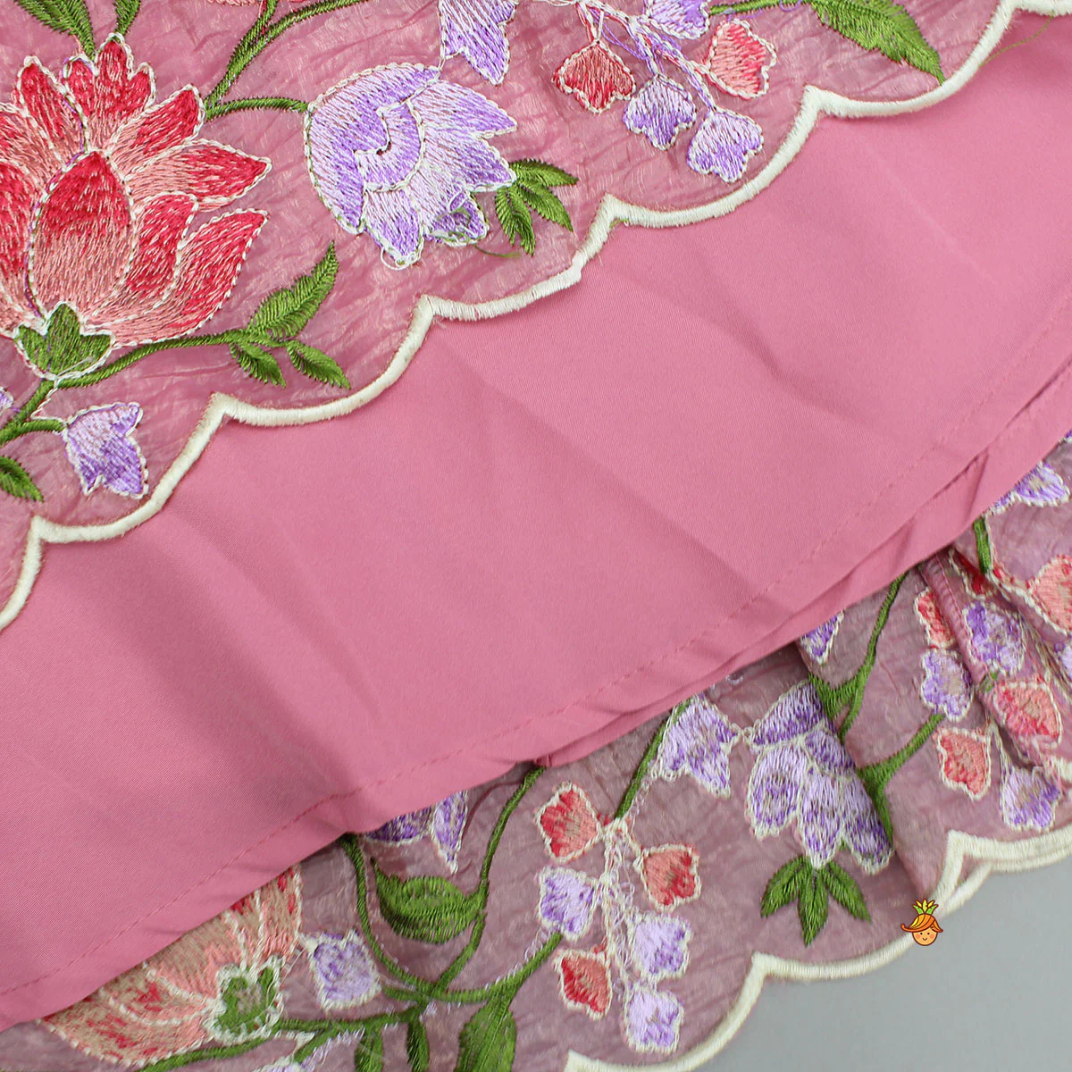 Pink One-Shoulder Pleated Drape Top With Floral Embroidered Lehenga And Net Dupatta - Image 7