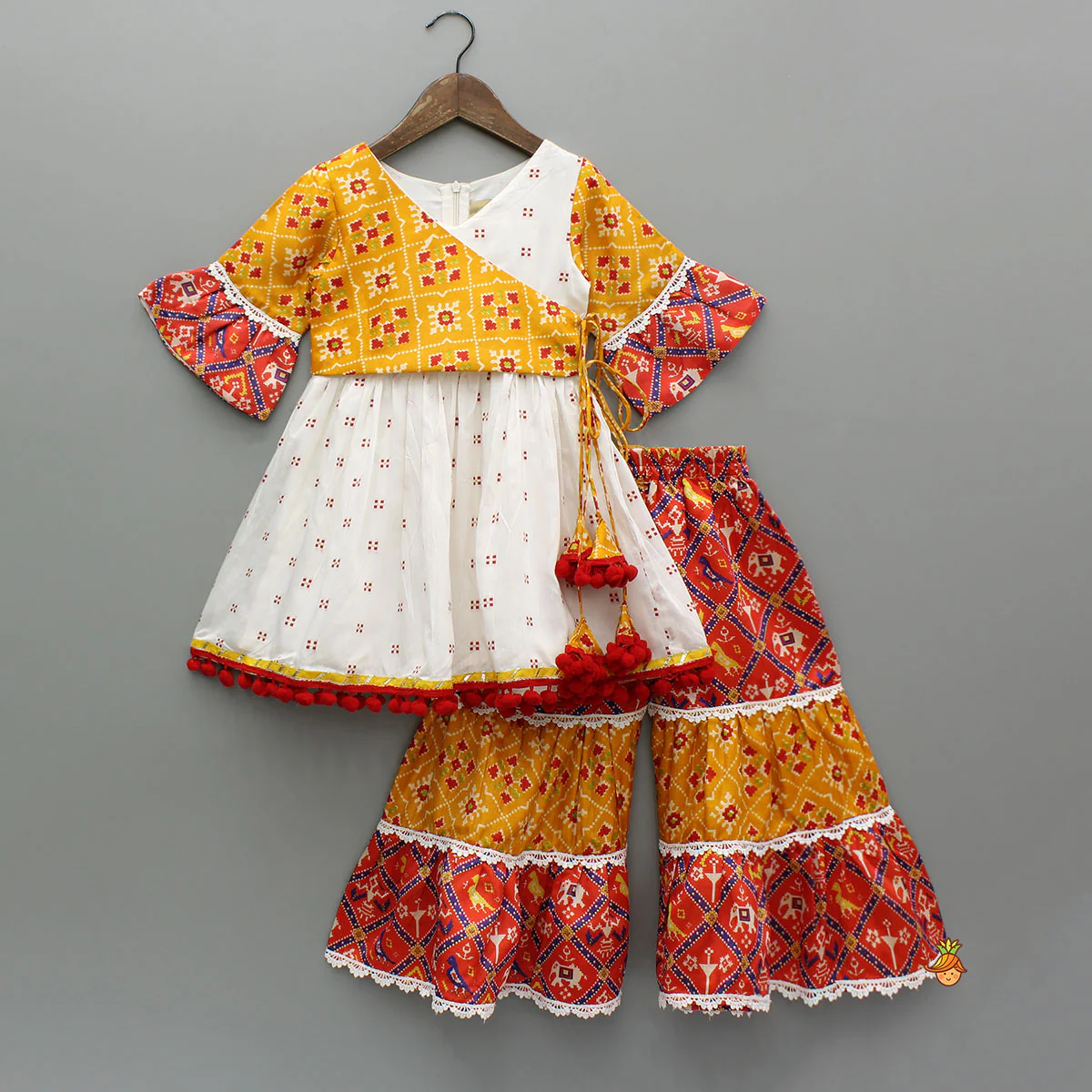 Pom-Pom Embellished Multicolour Printed Kurti With Tiered Sharara