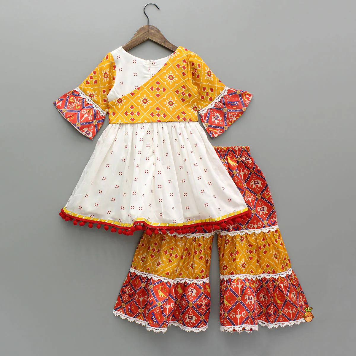 Pom-Pom Embellished Multicolour Printed Kurti With Tiered Sharara - Image 2