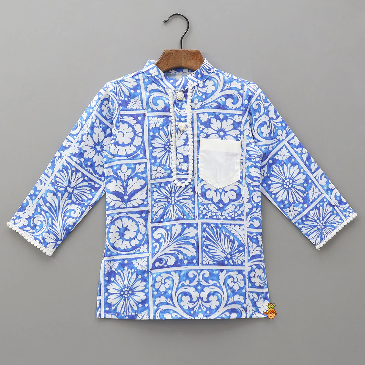 Pom-Pom Lace Work Printed Kurta And Pyjama - Image 3