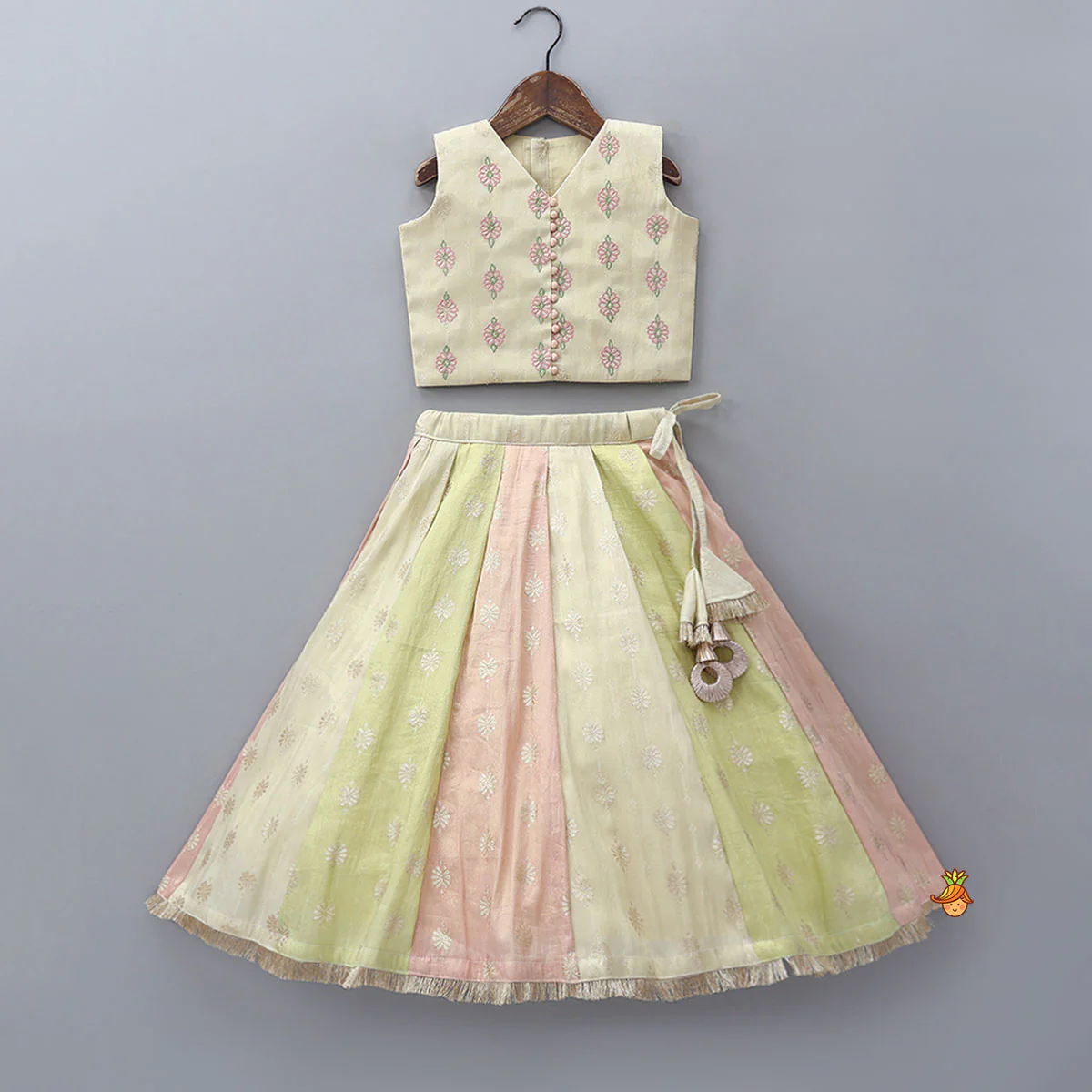 Potli Buttons Detail Shimmery Crop Top And Lehenga With Dupatta - Image 3