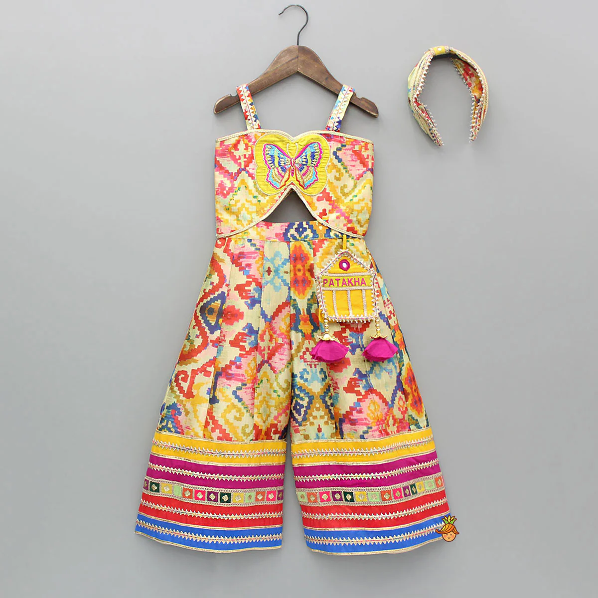 Printed And Embroidered Strappy Jumpsuit With Hairband