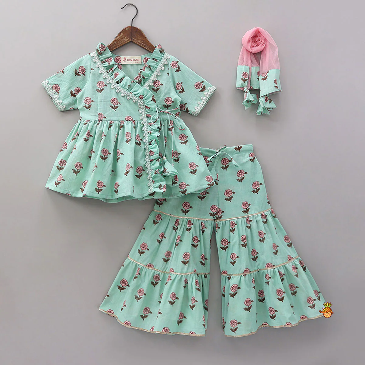 Printed Angarkha Style Elegant Kurti And Sharara With Dupatta