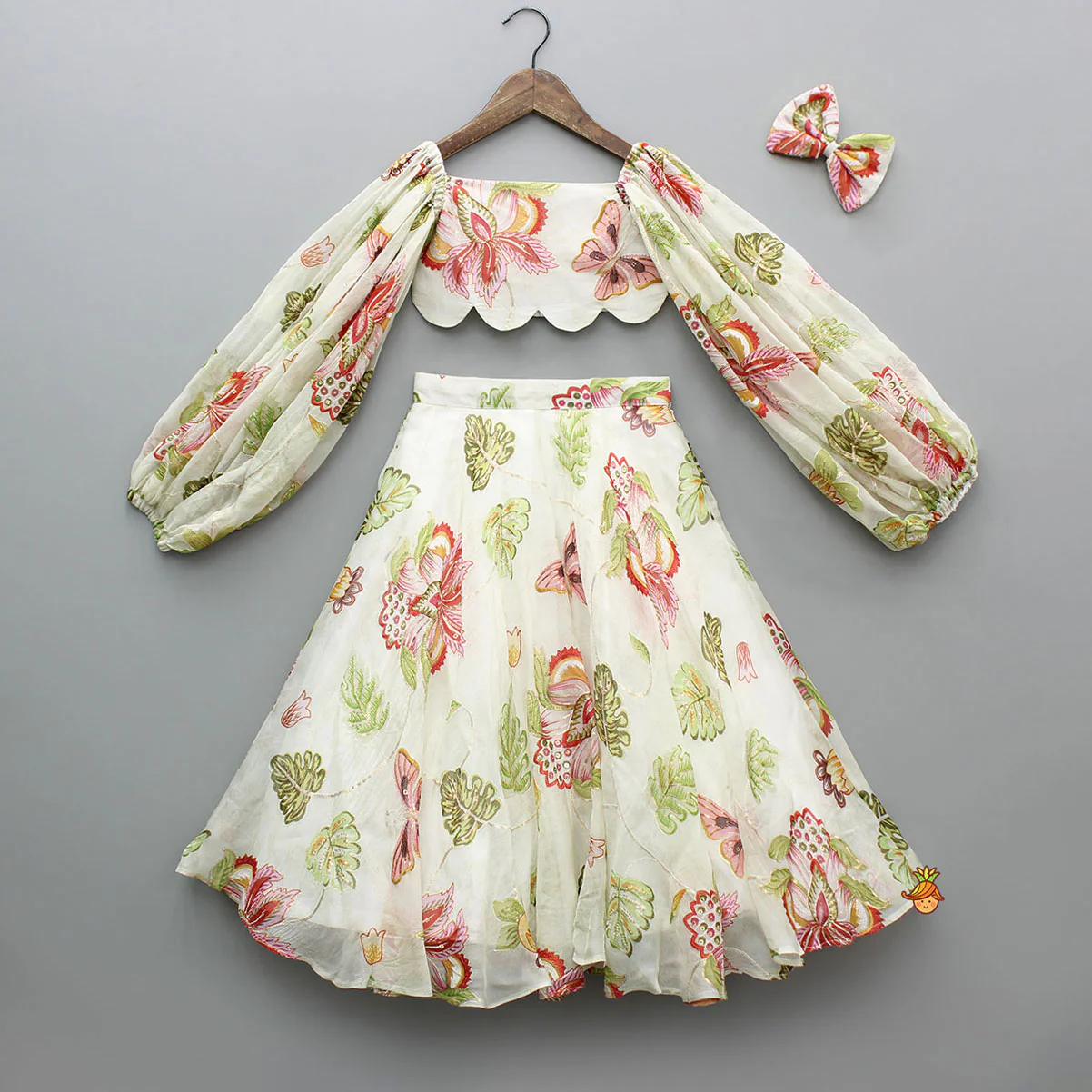 Printed Embroidered Crop Top And Umbrella Style Flared Lehenga With Matching Hairclip