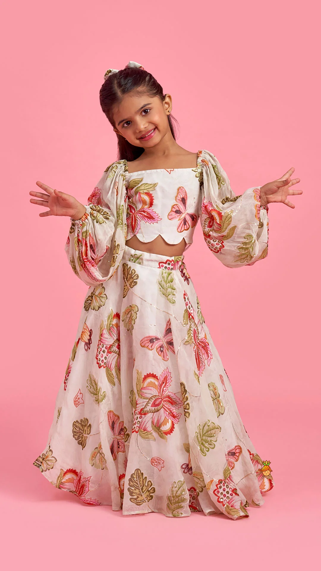 Printed Embroidered Crop Top And Umbrella Style Flared Lehenga With Matching Hairclip - Image 2