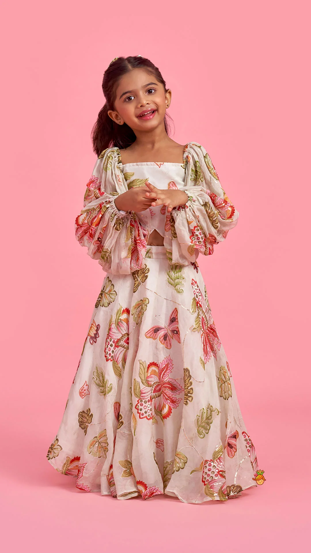 Printed Embroidered Crop Top And Umbrella Style Flared Lehenga With Matching Hairclip - Image 3