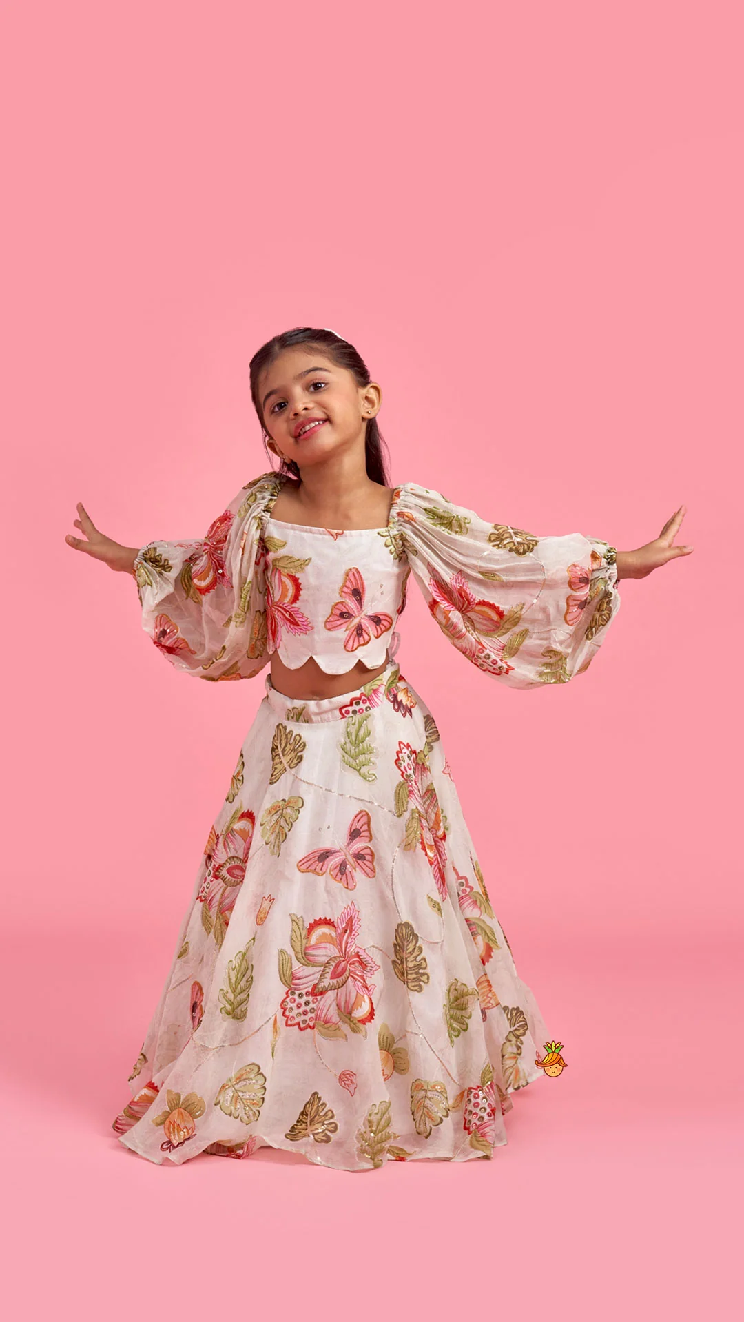 Printed Embroidered Crop Top And Umbrella Style Flared Lehenga With Matching Hairclip - Image 4