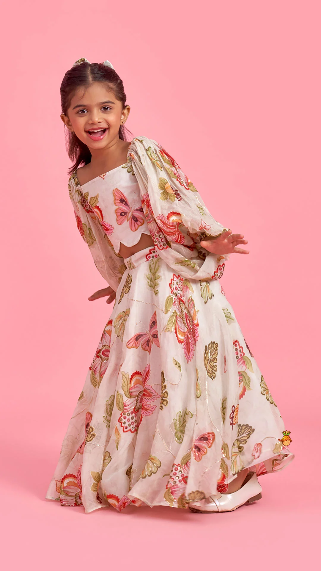 Printed Embroidered Crop Top And Umbrella Style Flared Lehenga With Matching Hairclip - Image 5