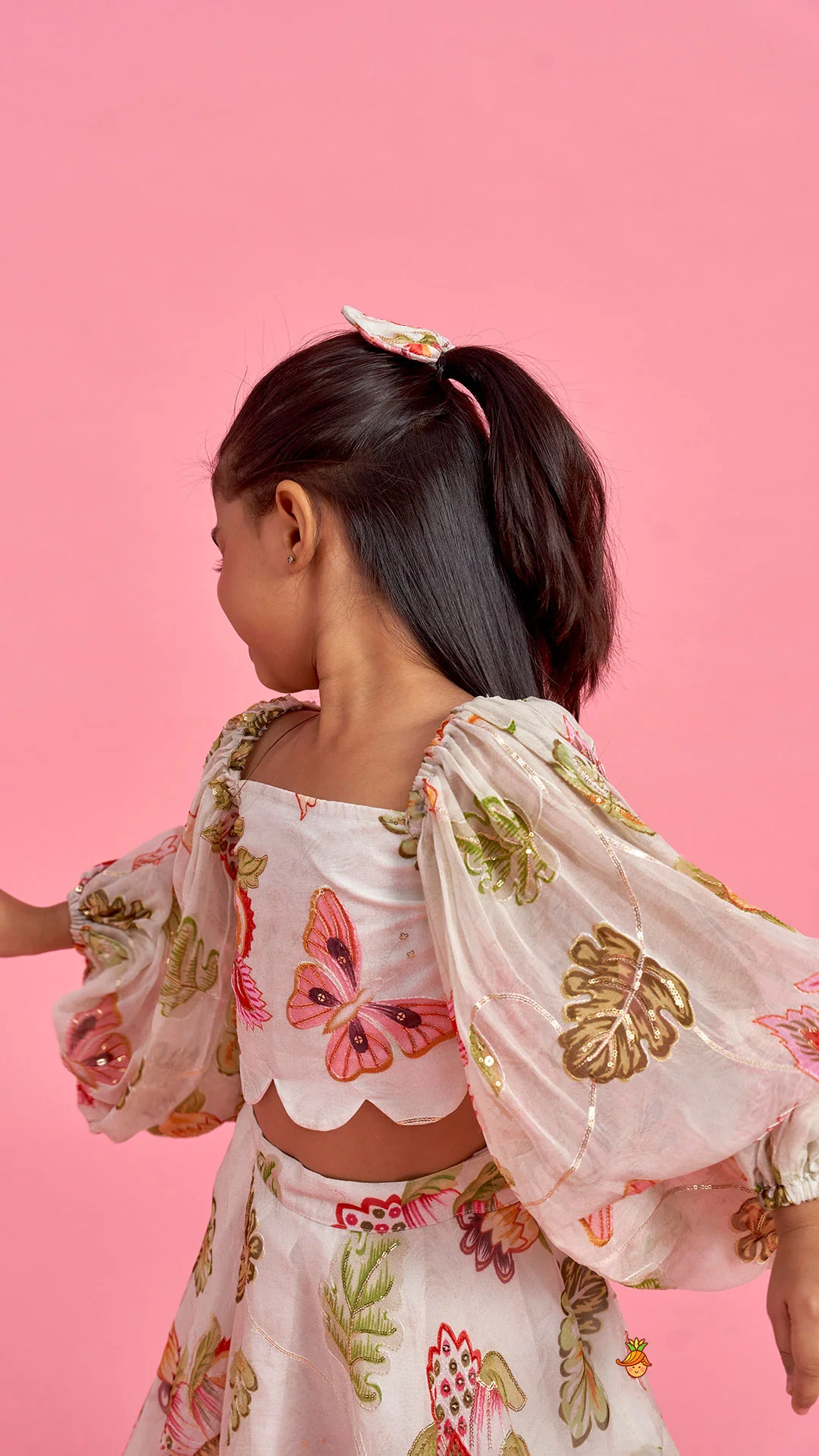 Printed Embroidered Crop Top And Umbrella Style Flared Lehenga With Matching Hairclip - Image 6