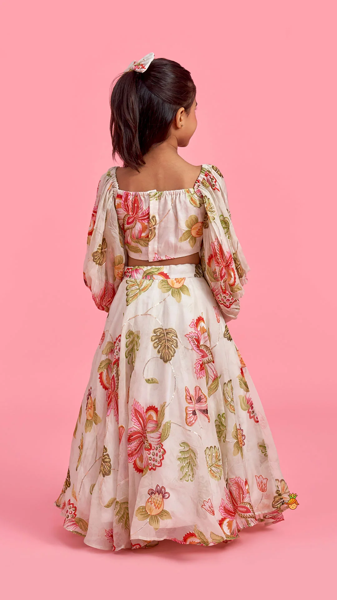 Printed Embroidered Crop Top And Umbrella Style Flared Lehenga With Matching Hairclip - Image 8