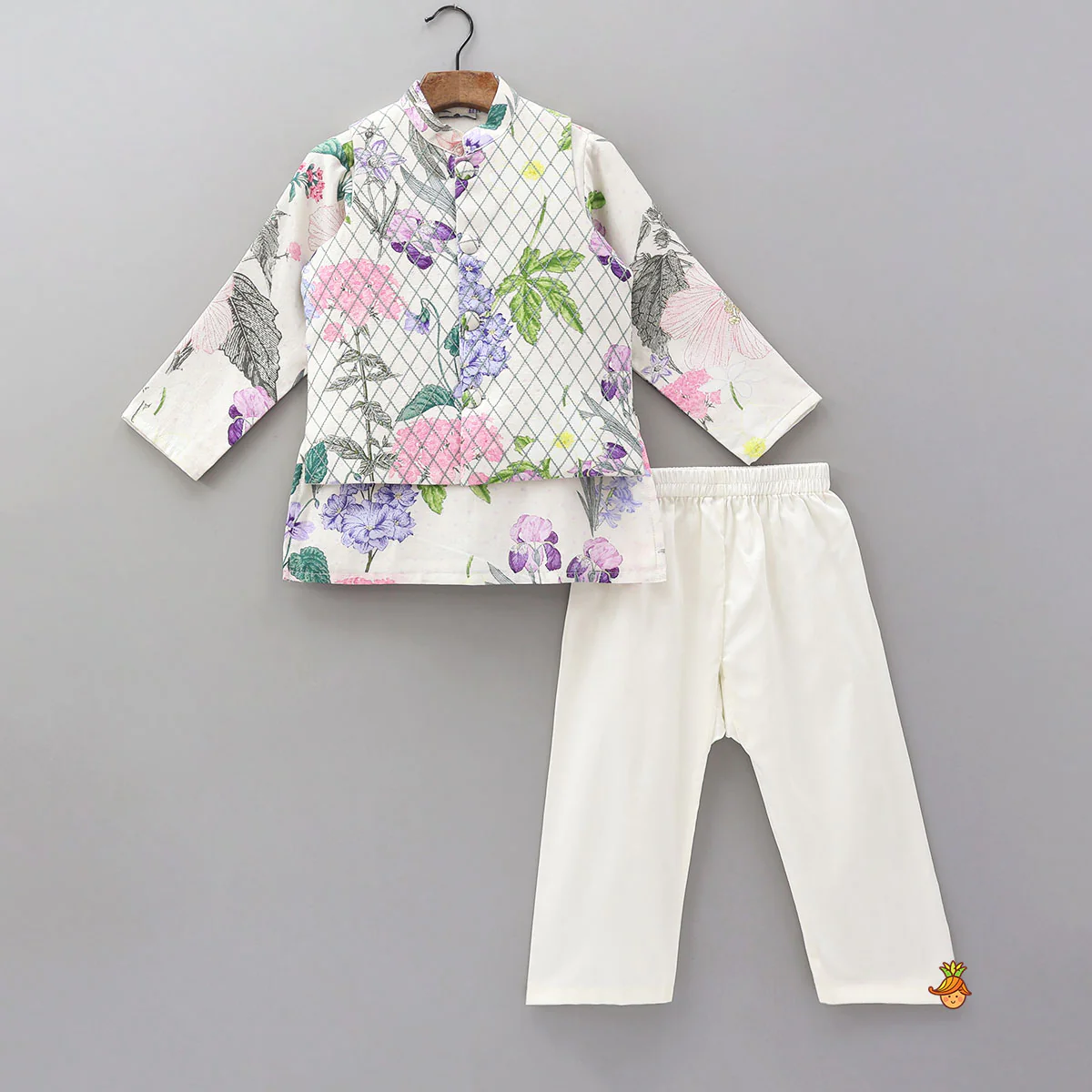 Printed Kurta With Checked Detailed Jacket And Pyjama