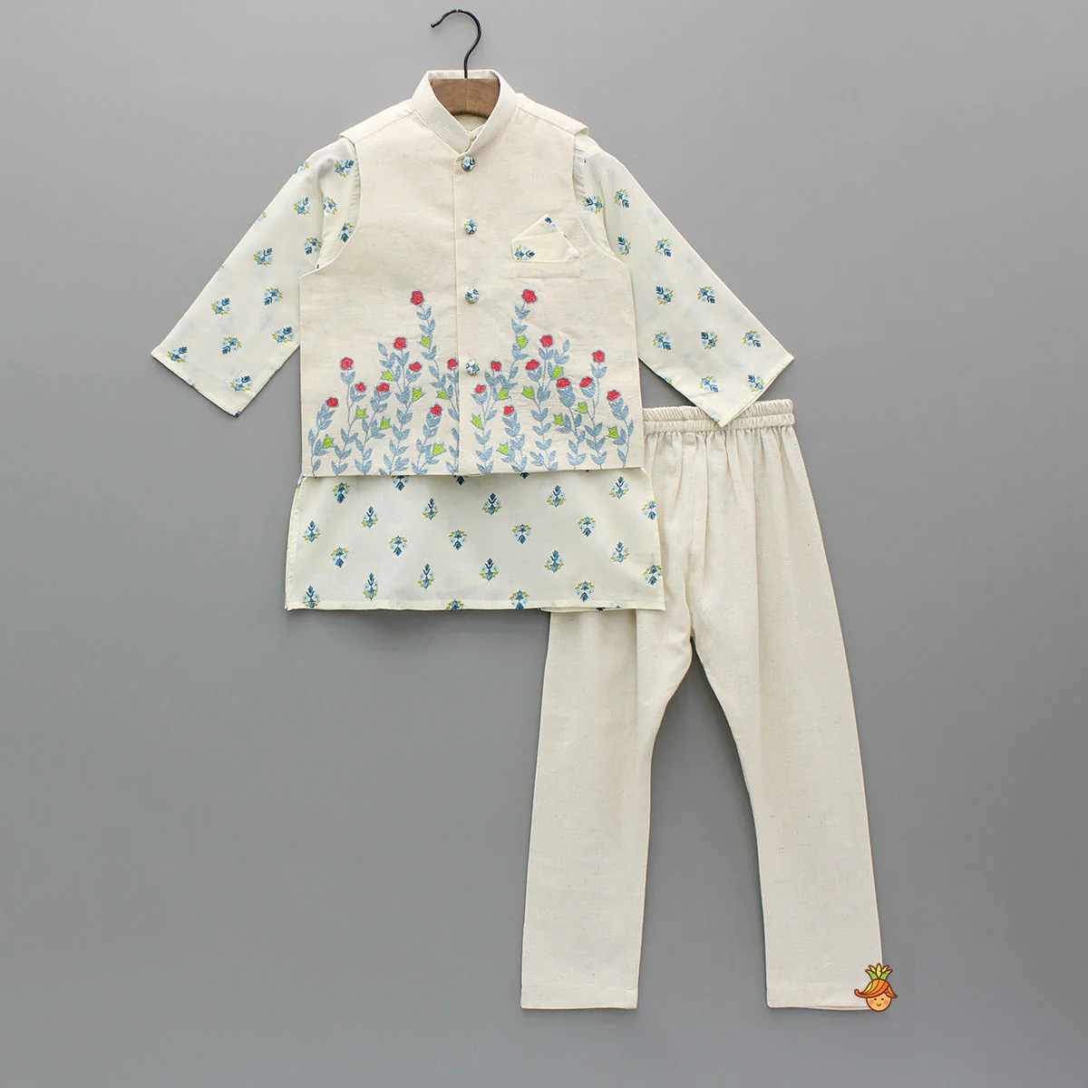 Printed Kurta With Thread Floral Embroidered Jacket And Churidar