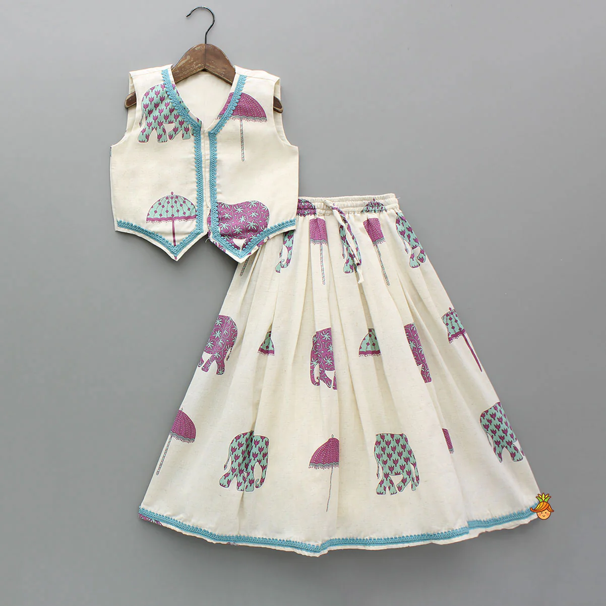 Printed Off White Waist Coat Style Top With Lehenga
