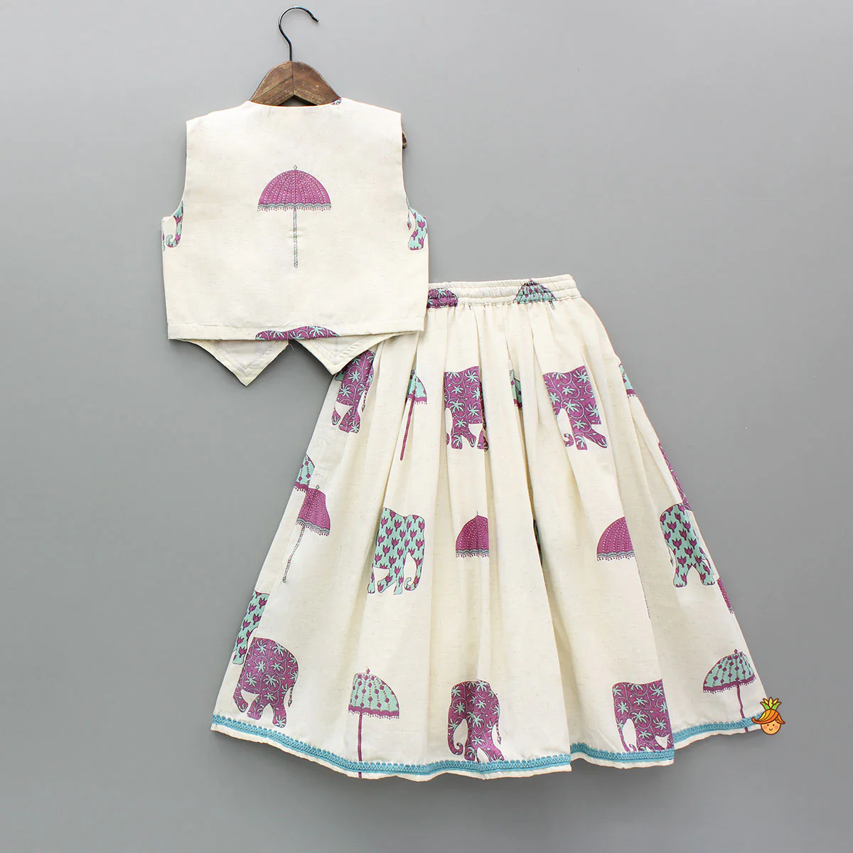 Printed Off White Waist Coat Style Top With Lehenga - Image 2