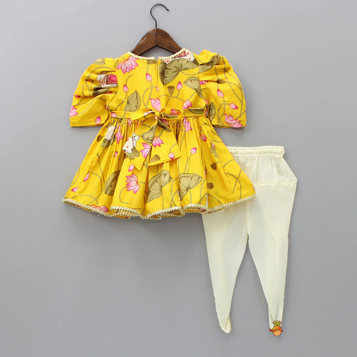 Printed Puffed Sleeves Yellow Peplum Top With Tulip Pant - Image 2
