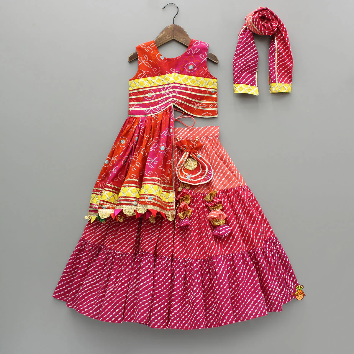 Printed Stylish Kurti And Lehenga With Attached Matching Potli And Dupatta