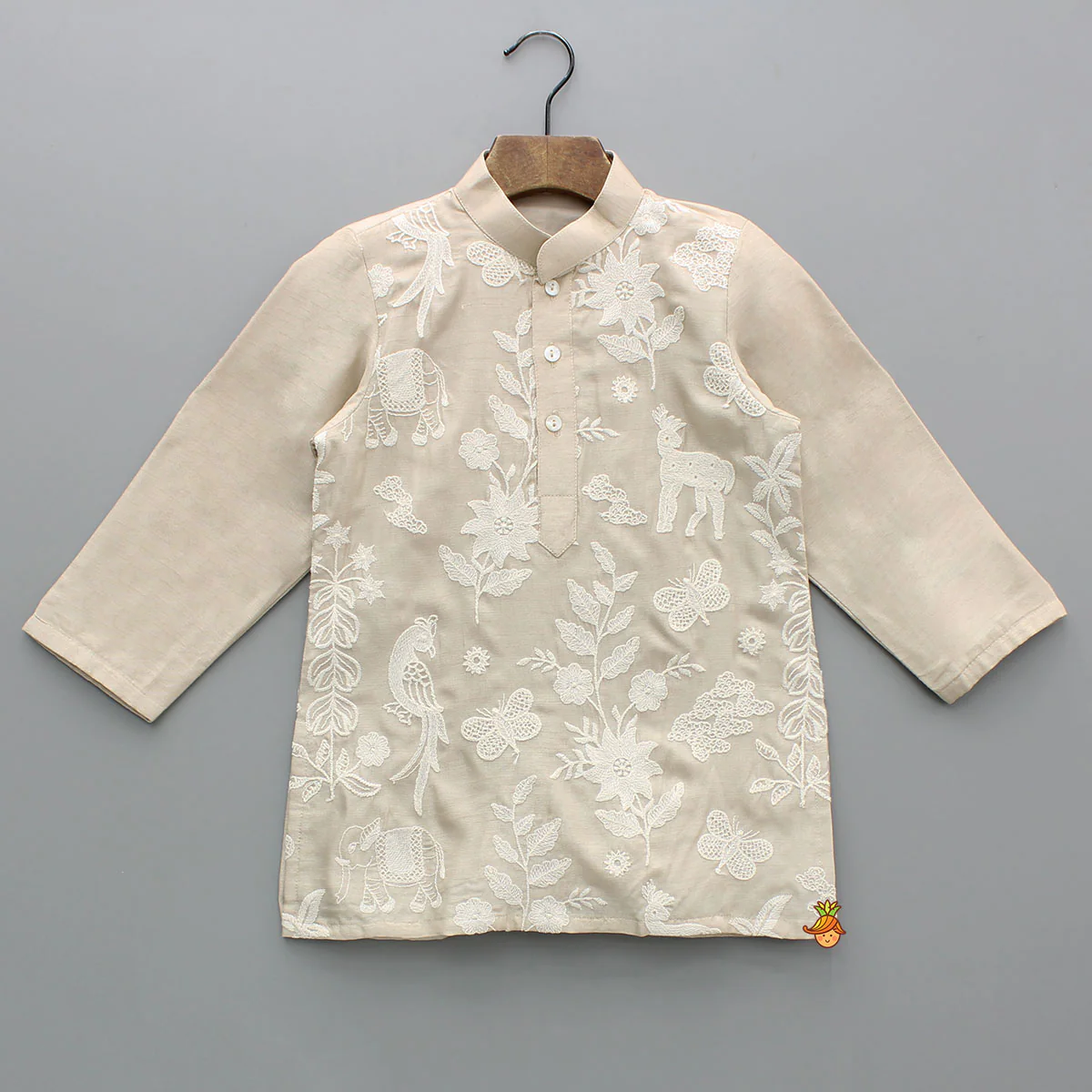 Pure Silk Beige Embroidered Kurta With White Pyjama - Image 2