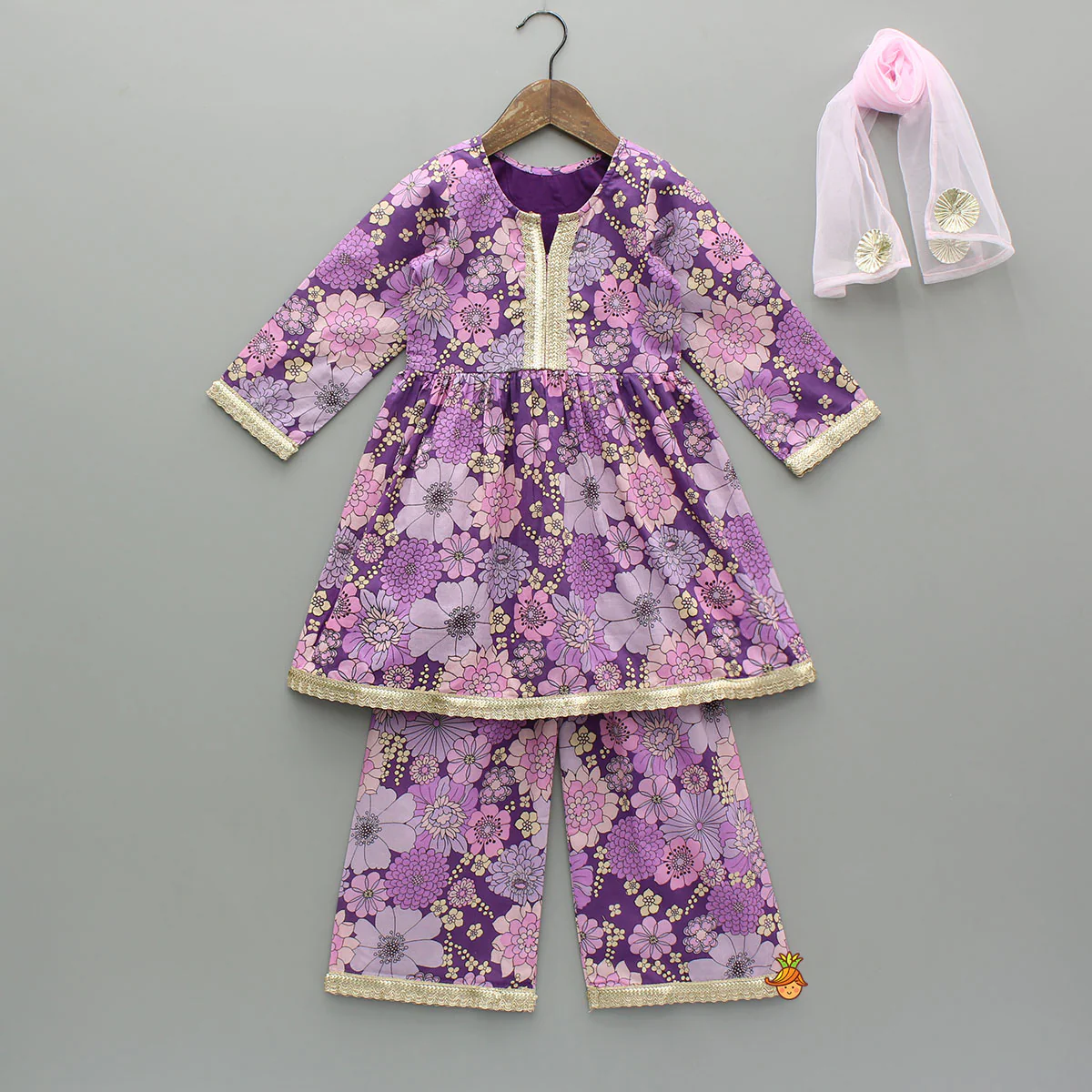 Purple Floral Printed Kurti With Matching Pant And Dupatta