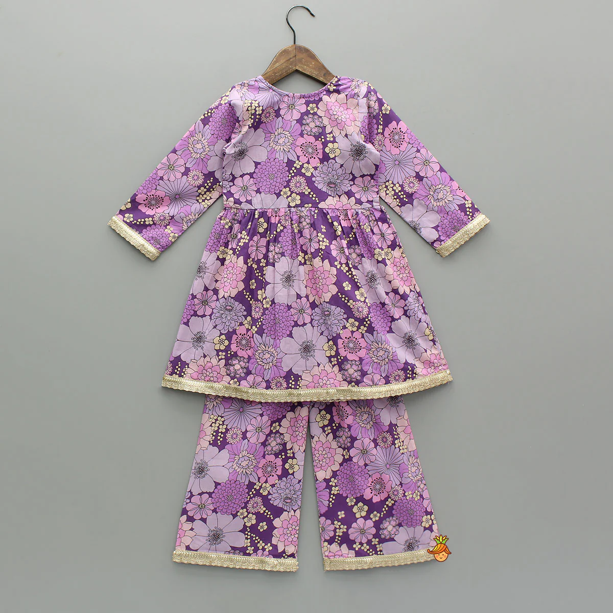 Purple Floral Printed Kurti With Matching Pant And Dupatta - Image 2