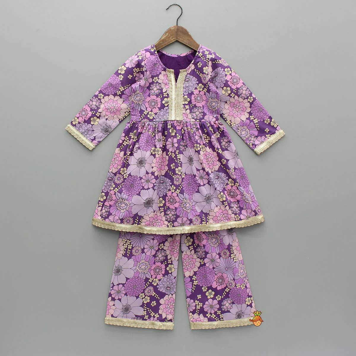 Purple Floral Printed Kurti With Matching Pant And Dupatta - Image 3