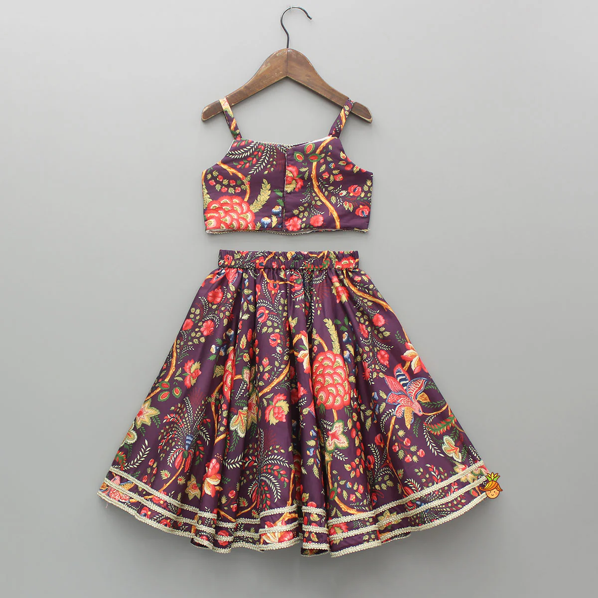 Purple Floral Printed Strappy Top With Lehenga And Dupatta - Image 2