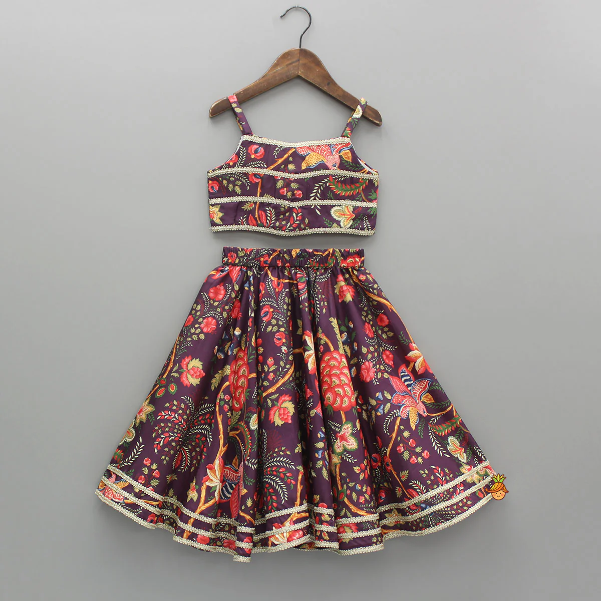 Purple Floral Printed Strappy Top With Lehenga And Dupatta - Image 3