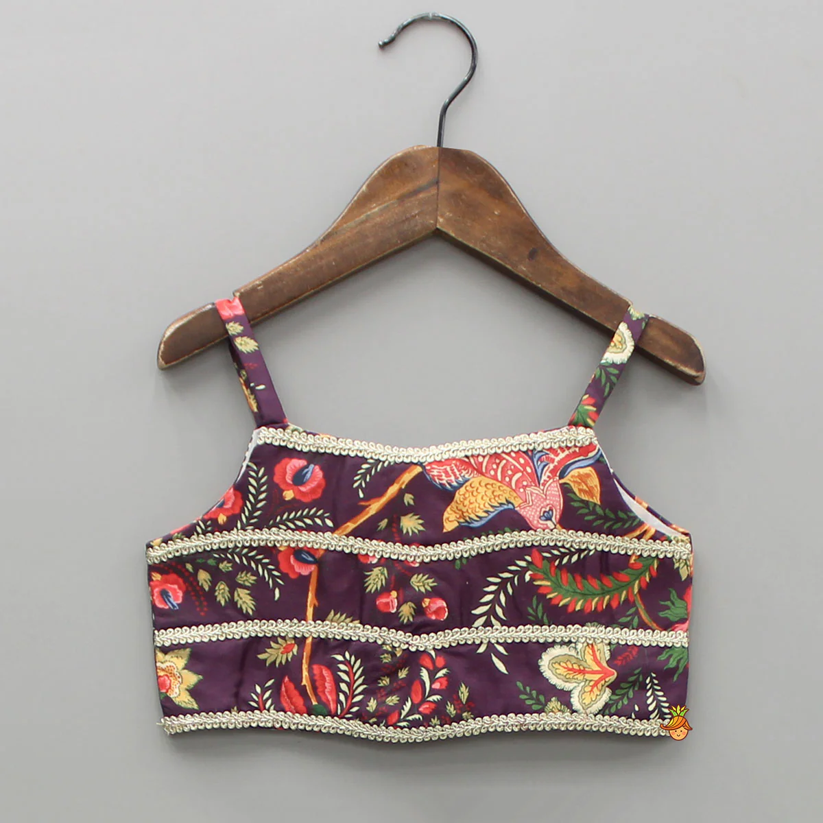 Purple Floral Printed Strappy Top With Lehenga And Dupatta - Image 4