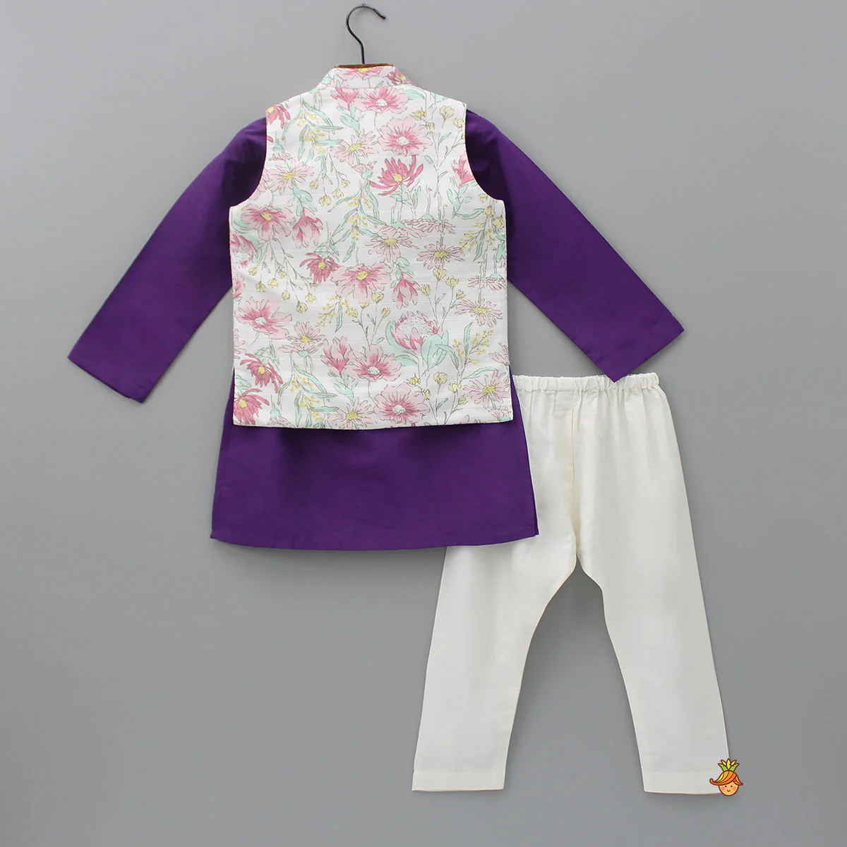 Purple Kurta And Floral Printed Jacket With Pyjama - Image 2