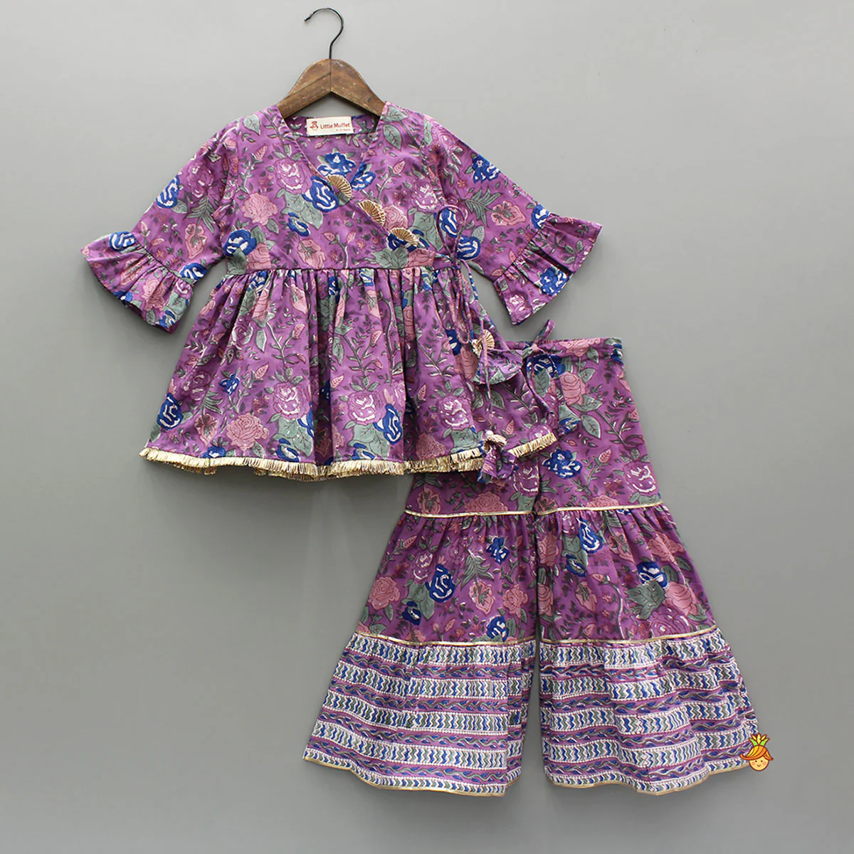 Purple Multicolour Printed Angarkha Style Kurti And Sharara