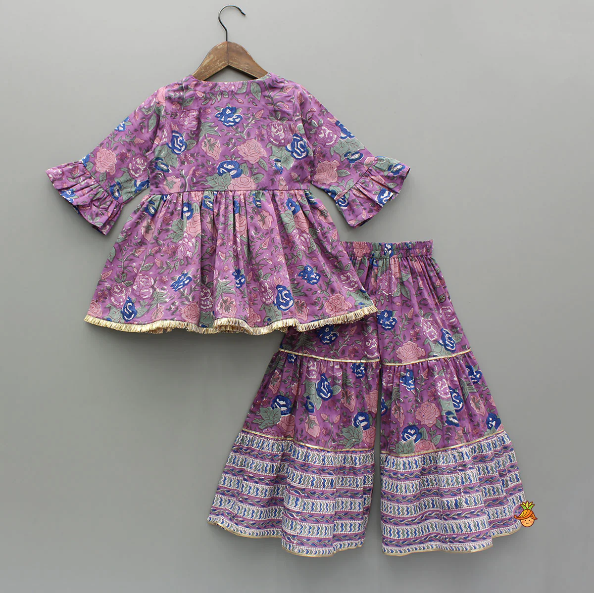 Purple Multicolour Printed Angarkha Style Kurti And Sharara - Image 2