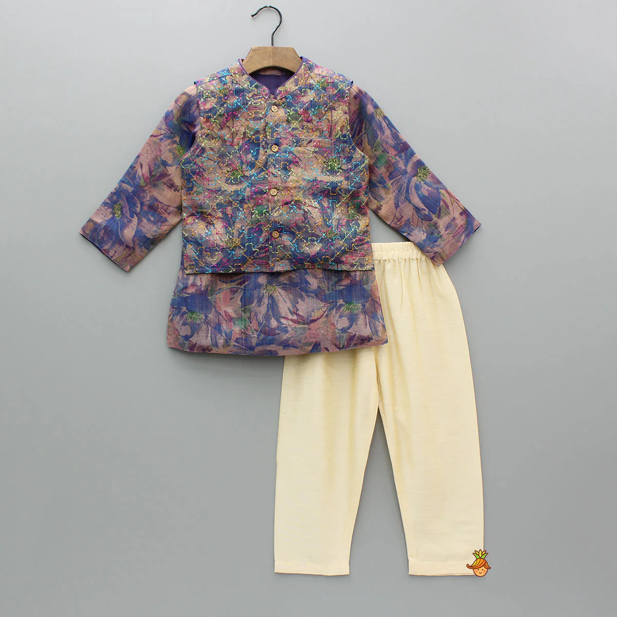 Purple Multicolour Printed Kurta With Embroidered Jacket And Pyjama