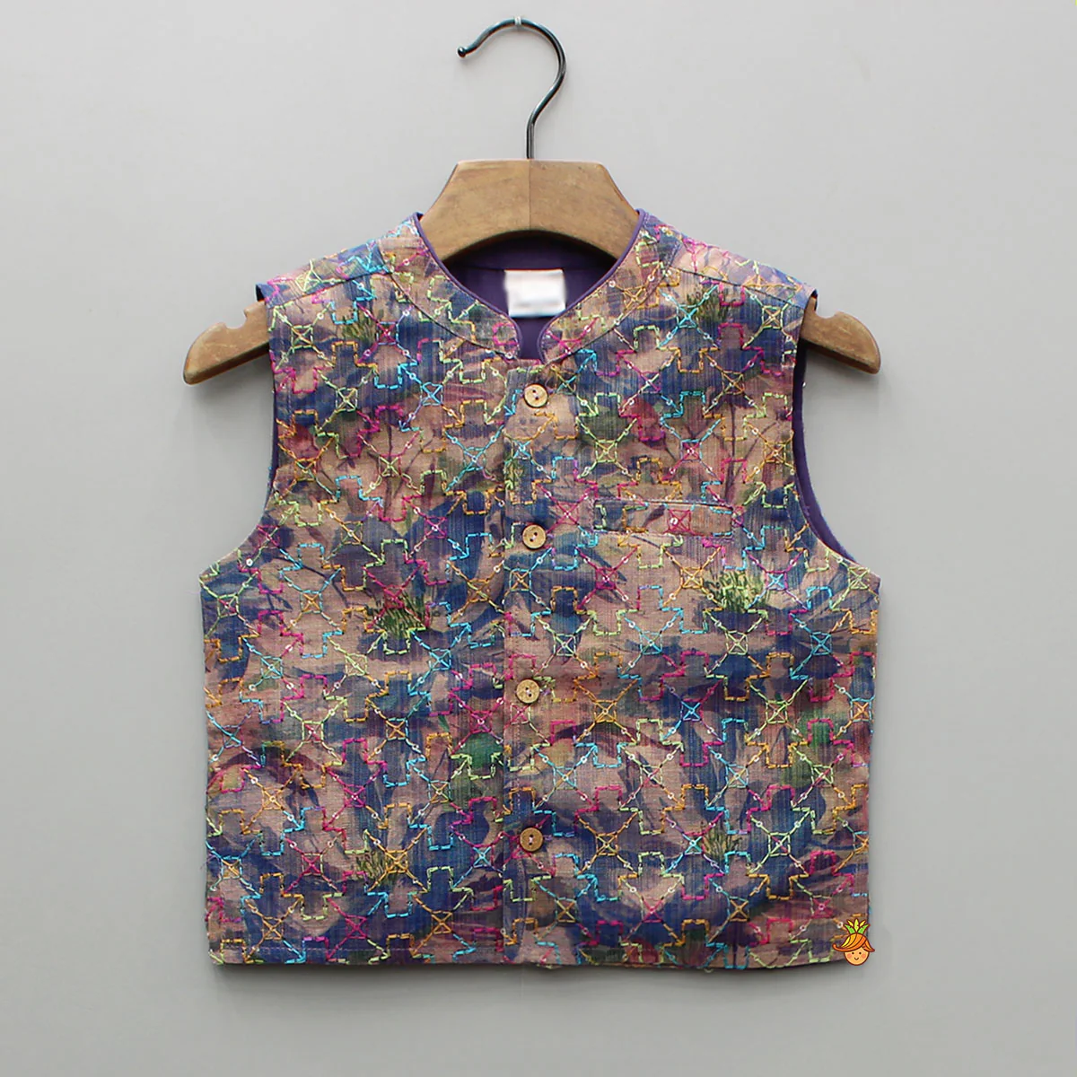 Purple Multicolour Printed Kurta With Embroidered Jacket And Pyjama - Image 6