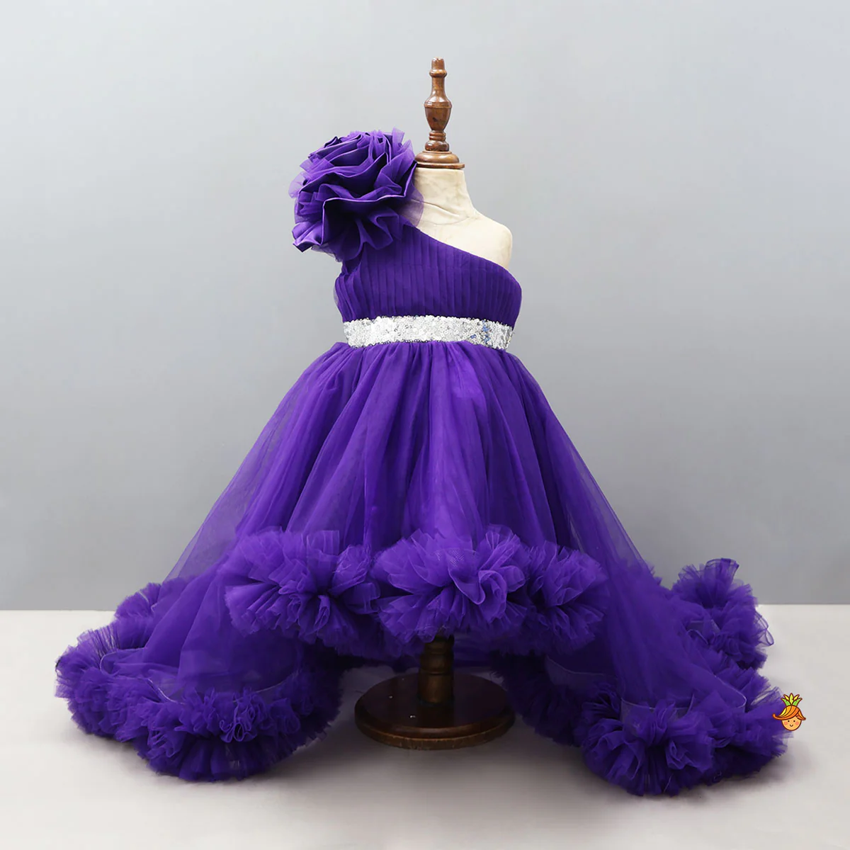 Purple One Shoulder High Low Dress With Matching Hair Clip And Detachable Bow - Image 3