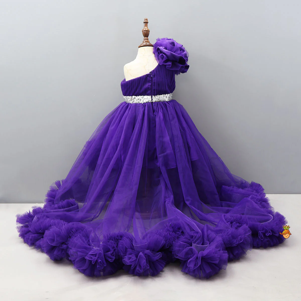 Purple One Shoulder High Low Dress With Matching Hair Clip And Detachable Bow - Image 4