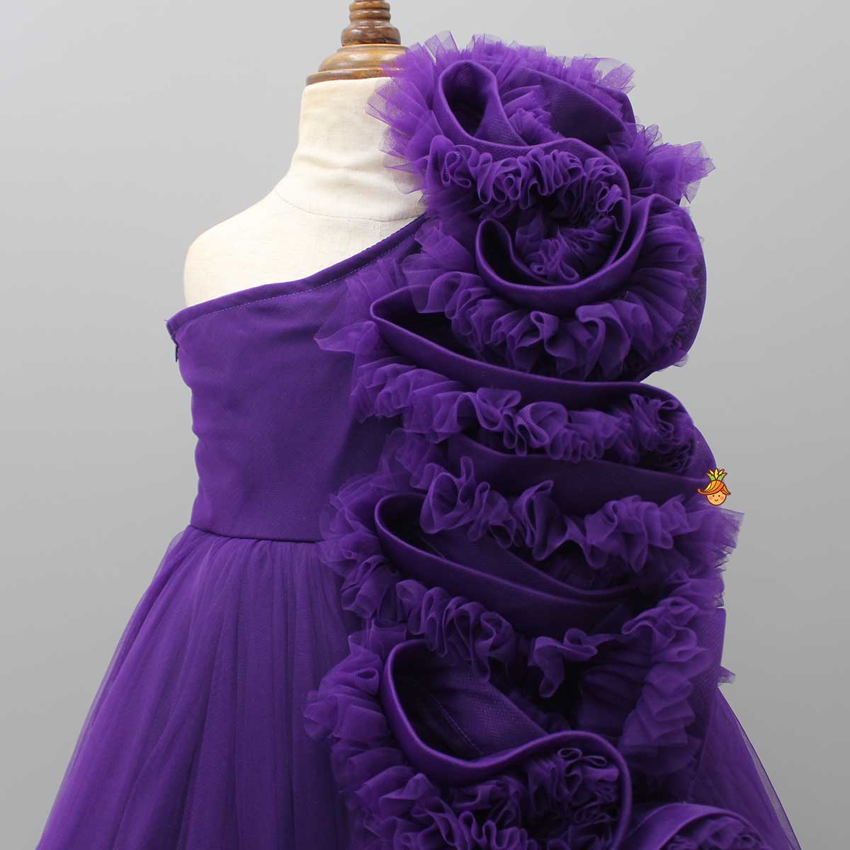 Purple One Shoulder Ruffle Net Gown - Image 3