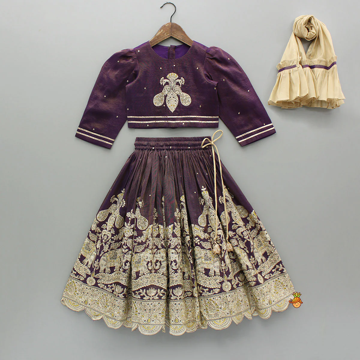 Purple Yoke-Embroidered Shimmery Top And Lehenga With Dupatta