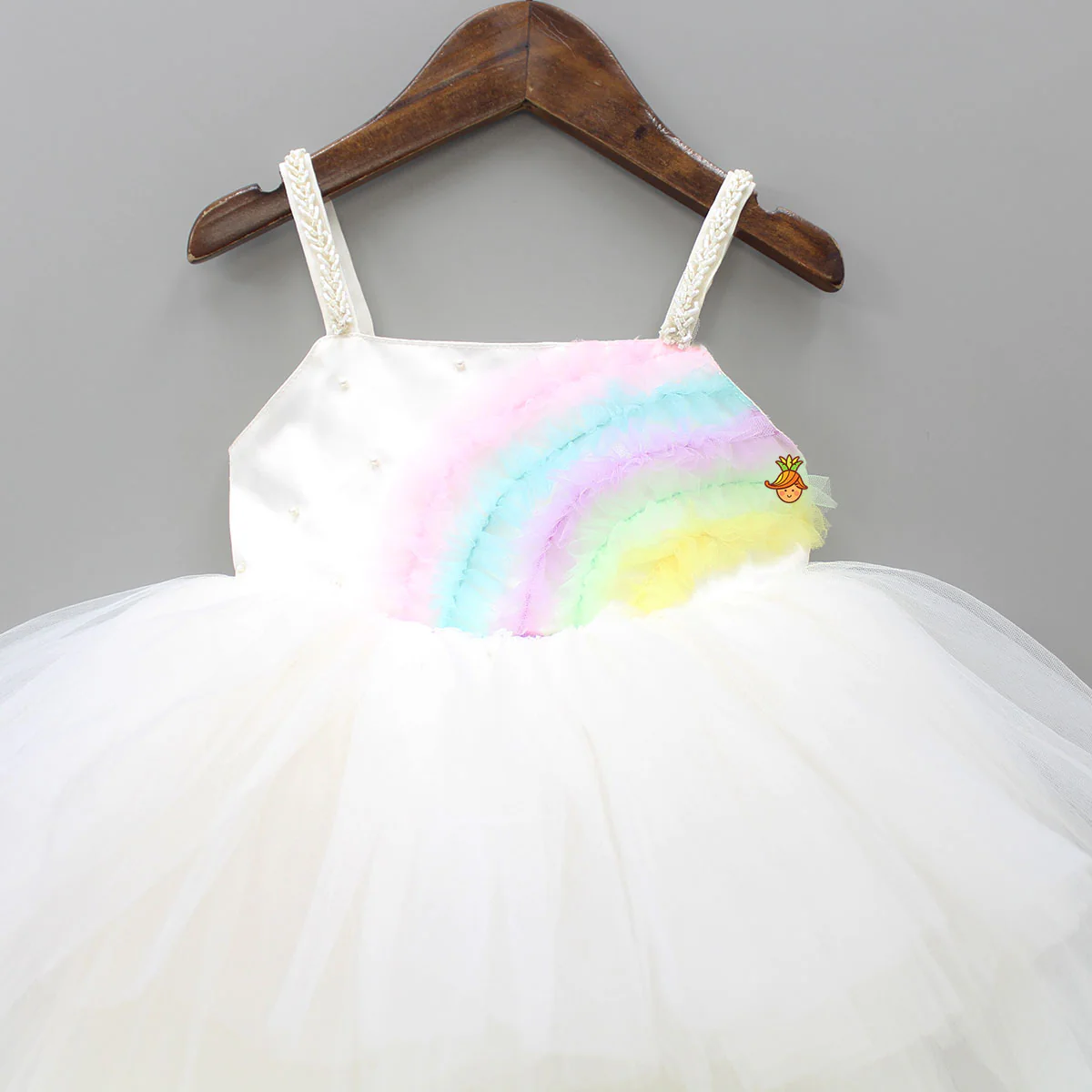 Rainbow and Pearl Detailed White Party Dress - Image 4