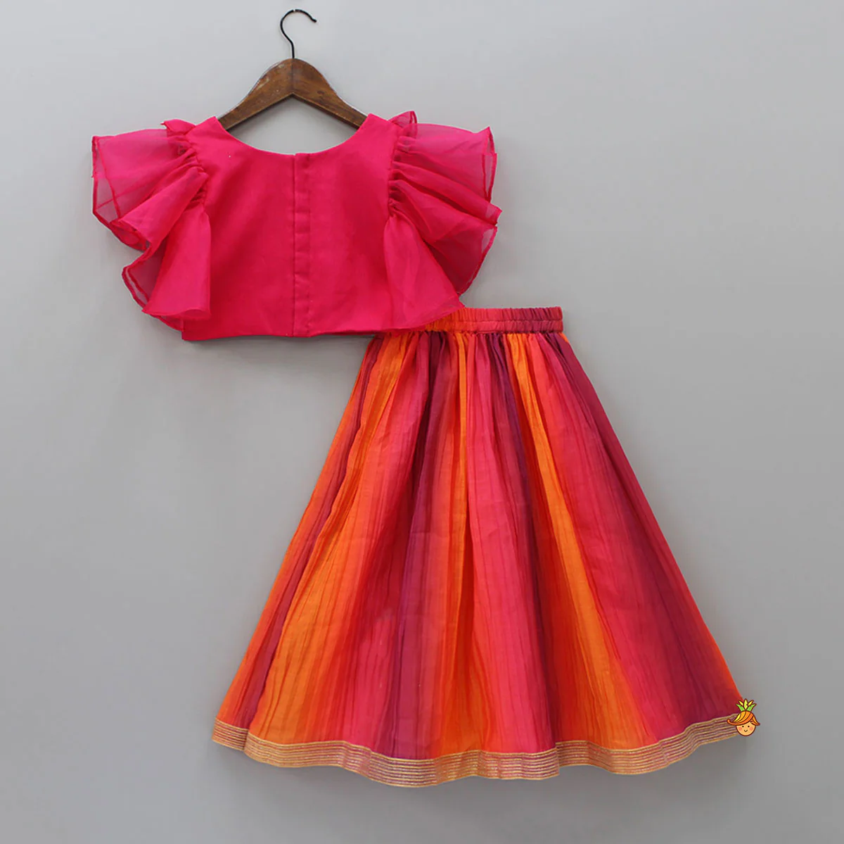 Raspberry Pink Organza Frilly Top With Colourful Shaded Lehenga - Image 2