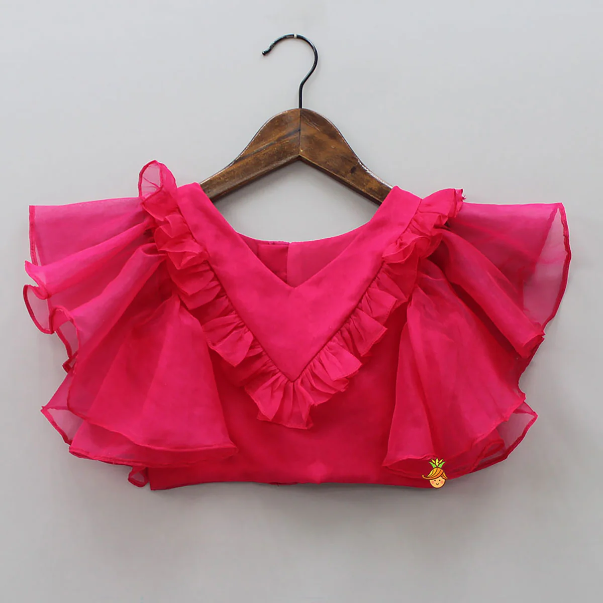 Raspberry Pink Organza Frilly Top With Colourful Shaded Lehenga - Image 3