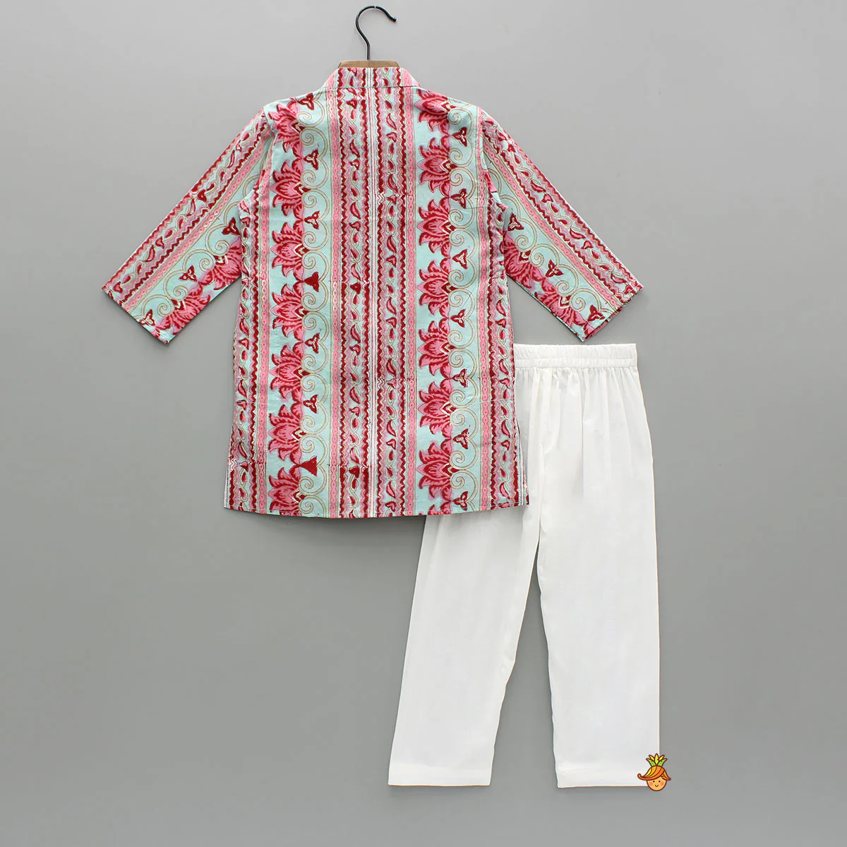 Red And Blue Floral Printed Cotton Kurta With Pyjama - Image 2