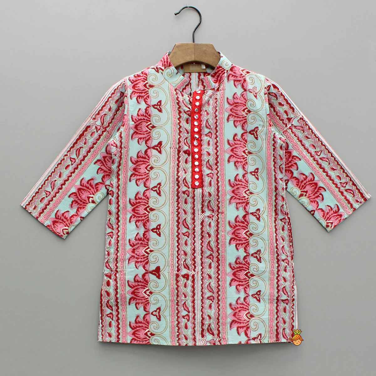 Red And Blue Floral Printed Cotton Kurta With Pyjama - Image 3