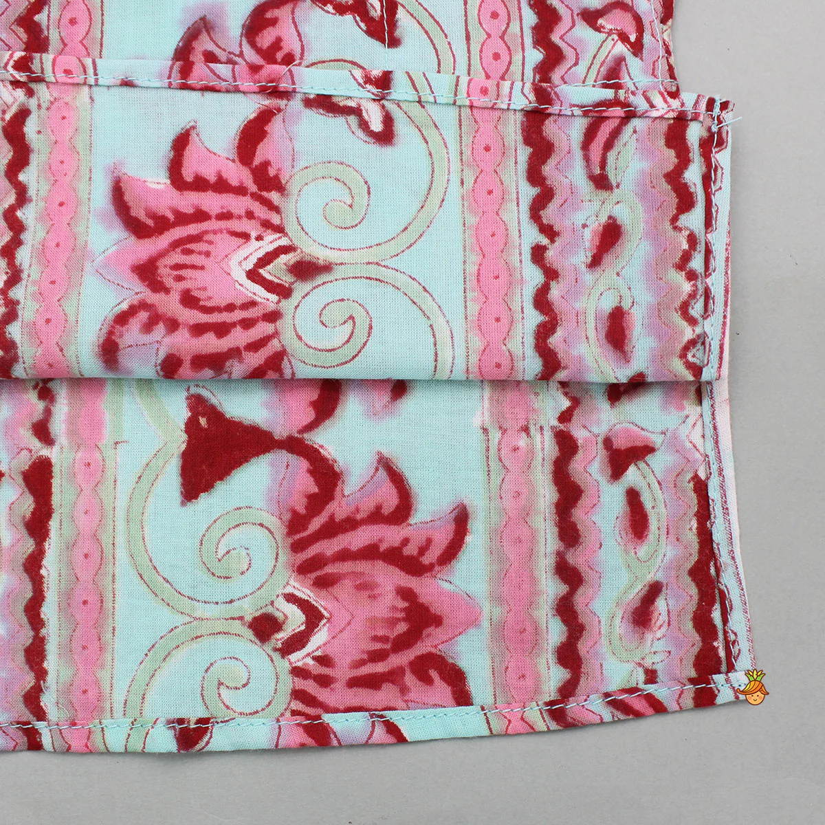 Red And Blue Floral Printed Cotton Kurta With Pyjama - Image 5