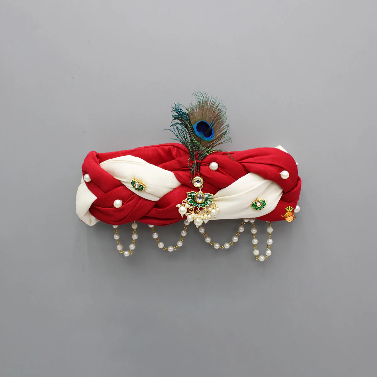 Red And White Braided Head Band With Mor Pankh